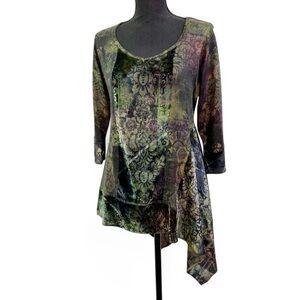 Green Printed Velvet Asymmetrical 3/4 Sleeve V-neck Top Size Medium Whimygoth